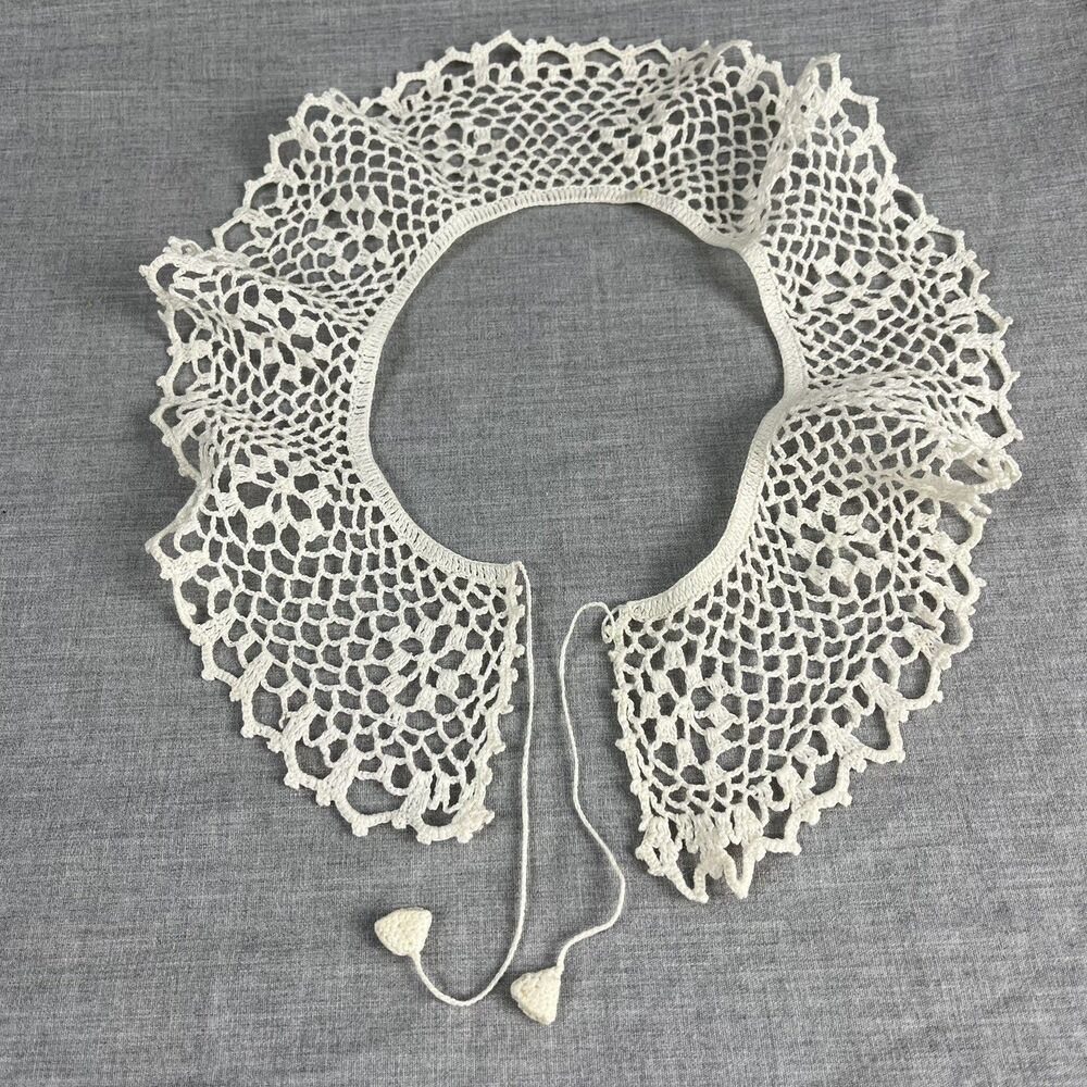 Vintage Handmade Cream Crochet Dress Collar With Ties Cotton Yarn